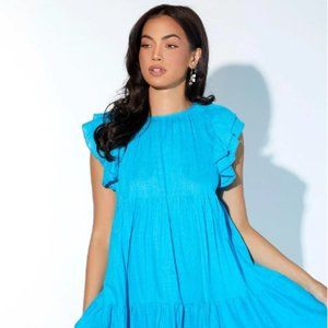 Mint Blue Linen Solid Ruched Ruffle Hem Dress- 6